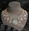 VeroniQ Trends-Beautiful Victorian Emerald Rose Pink Stone And Polki Silver Choker Necklace 92.5 Silver Moissanite Diamond Polki-Emerald Stone-Gold Plated-Wedding Jewellery-Punjabi Jewellery-South Indian-Thappa Jewellery