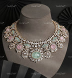 VeroniQ Trends-Beautiful Victorian Emerald Rose Pink Stone And Polki Silver Choker Necklace 92.5 Silver Moissanite Diamond Polki-Emerald Stone-Gold Plated-Wedding Jewelry-Punjabi Jewelry-South Indian-Thappa Jewelry