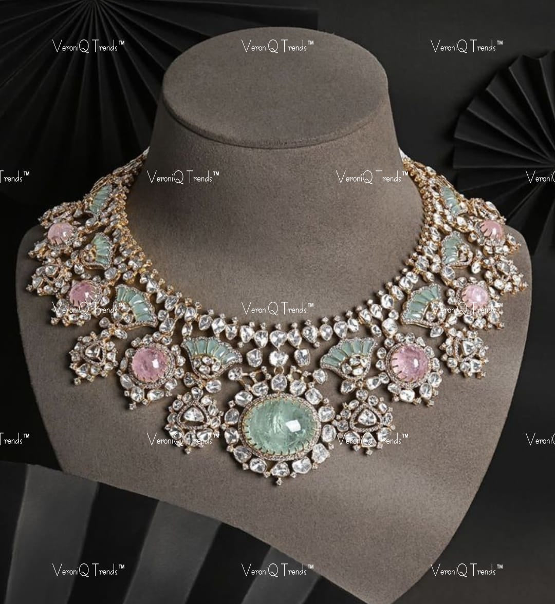 VeroniQ Trends-Beautiful Victorian Emerald Rose Pink Stone And Polki Silver Choker Necklace 92.5 Silver Moissanite Diamond Polki-Emerald Stone-Gold Plated-Wedding Jewellery-Punjabi Jewellery-South Indian-Thappa Jewellery