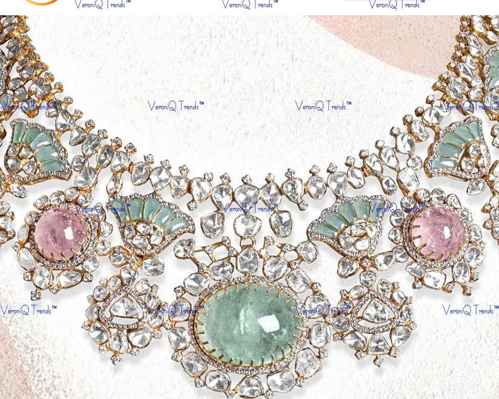 VeroniQ Trends-Beautiful Victorian Emerald Rose Pink Stone And Polki Silver Choker Necklace 92.5 Silver Moissanite Diamond Polki-Emerald Stone-Gold Plated-Wedding Jewellery-Punjabi Jewellery-South Indian-Thappa Jewellery