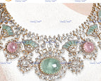VeroniQ Trends-Beautiful Victorian Emerald Rose Pink Stone And Polki Silver Choker Necklace 92.5 Silver Moissanite Diamond Polki-Emerald Stone-Gold Plated-Wedding Jewelry-Punjabi Jewelry-South Indian-Thappa Jewelry