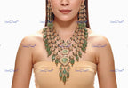 VeroniQ Trends-Multilayer Emerald And Green Beads Silver Moissanite Polki Long Necklace Set 92.5 Silver Moissanite Diamond Polki-Emerald Stone-Gold Plated-Wedding Jewelry-Punjabi Jewelry-South Indian-Thappa Jewelry