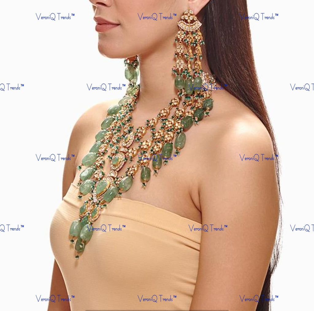 VeroniQ Trends-Multilayer Emerald And Green Beads Silver Moissanite Polki Long Necklace Set 92.5 Silver Moissanite Diamond Polki-Emerald Stone-Gold Plated-Wedding Jewellery-Punjabi Jewellery-South Indian-Thappa Jewellery