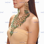 VeroniQ Trends-Multilayer Emerald And Green Beads Silver Moissanite Polki Long Necklace Set 92.5 Silver Moissanite Diamond Polki-Emerald Stone-Gold Plated-Wedding Jewelry-Punjabi Jewelry-South Indian-Thappa Jewelry