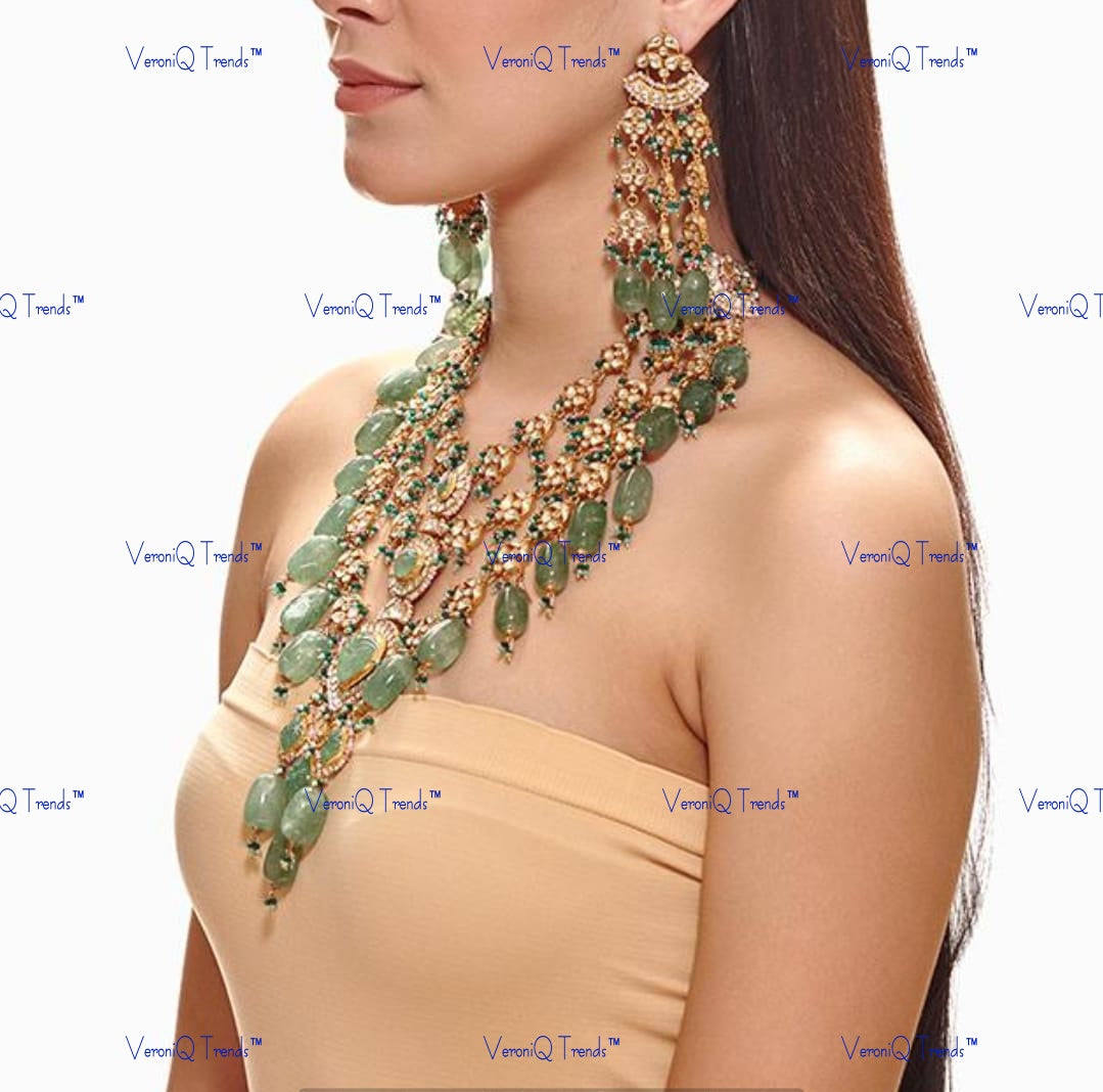 VeroniQ Trends-Multilayer Emerald And Green Beads Silver Moissanite Polki Long Necklace Set 92.5 Silver Moissanite Diamond Polki-Emerald Stone-Gold Plated-Wedding Jewellery-Punjabi Jewellery-South Indian-Thappa Jewellery