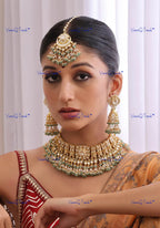 VeroniQ Trends-Gold Plated Bridal Kundan Jadau Choker Pachi Kundan Necklace With Maang Tika And Earrings Pachi Kundan-Gold Plated-Wedding Jewelry-Punjabi Jewelry-South Indian-Thappa Jewelry