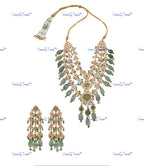 VeroniQ Trends-Multilayer Emerald And Green Beads Silver Moissanite Polki Long Necklace Set 92.5 Silver Moissanite Diamond Polki-Emerald Stone-Gold Plated-Wedding Jewelry-Punjabi Jewelry-South Indian-Thappa Jewelry