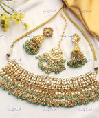 VeroniQ Trends-Gold Plated Bridal Kundan Jadau Choker Pachi Kundan Necklace With Maang Tika And Earrings Pachi Kundan-Gold Plated-Wedding Jewelry-Punjabi Jewelry-South Indian-Thappa Jewelry