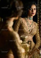 VeroniQ Trends-Bridal Victorian Multi-Line Emerald And Polki Silver Choker Necklace 92.5 Silver Moissanite Diamond Polki-Emerald Stone-Gold Plated-Wedding Jewelry-Punjabi Jewelry-South Indian-Thappa Jewelry
