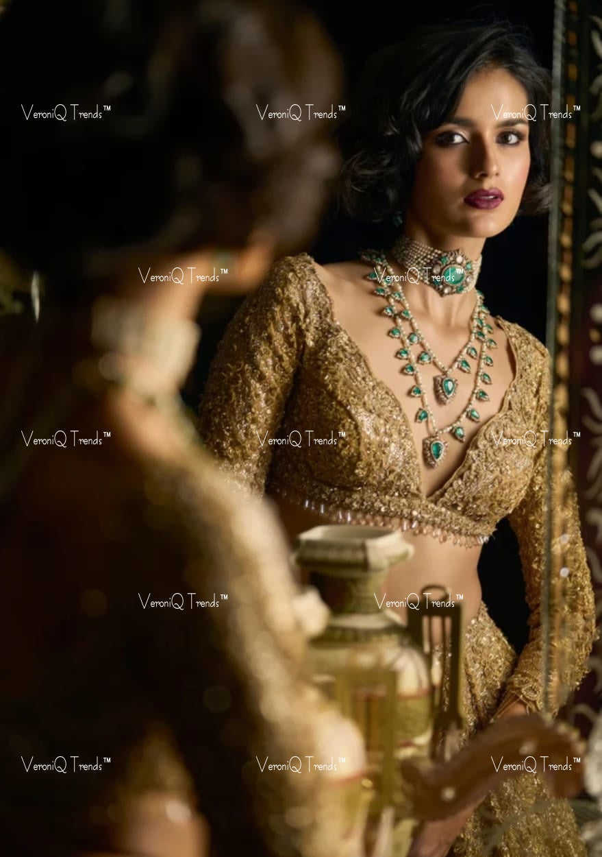 VeroniQ Trends-Bridal Victorian Multi-Line Emerald And Polki Silver Choker Necklace 92.5 Silver Moissanite Diamond Polki-Emerald Stone-Gold Plated-Wedding Jewellery-Punjabi Jewellery-South Indian-Thappa Jewellery