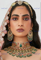 VeroniQ Trends-Bridal Gold Plated Kemp Stone Pachi Kundan Choker Necklace Pachi Kundan-Gold Plated-Wedding Jewelry-Punjabi Jewelry-South Indian-Thappa Jewelry