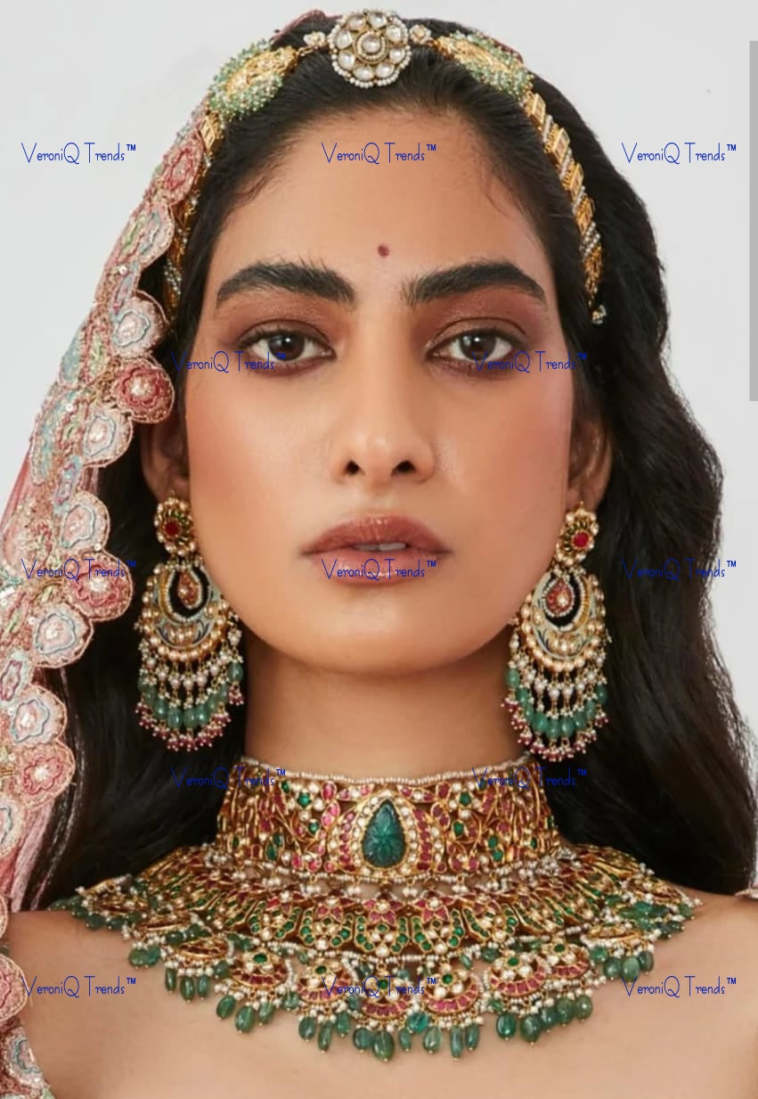 VeroniQ Trends-Bridal Gold Plated Kemp Stone Pachi Kundan Choker Necklace Pachi Kundan-Gold Plated-Wedding Jewellery-Punjabi Jewellery-South Indian-Thappa Jewellery