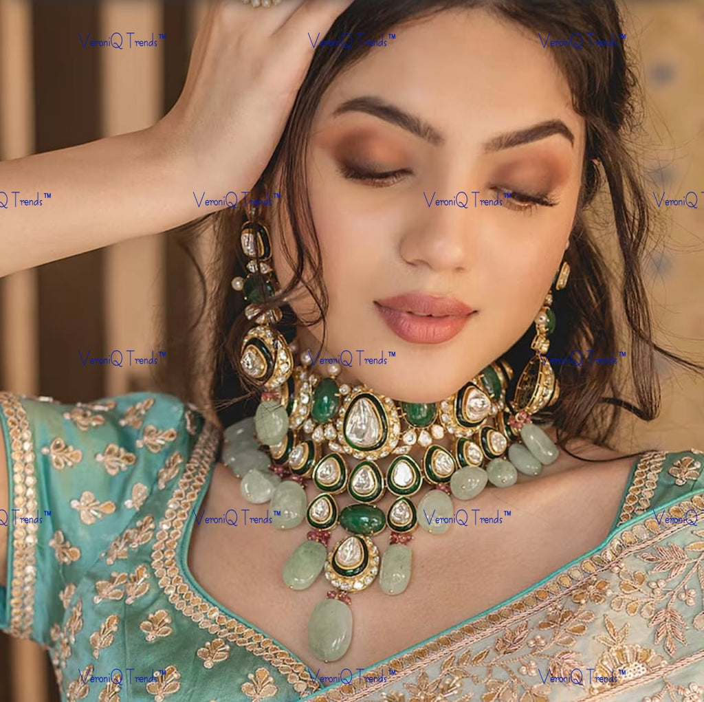 VeroniQ Trends-Elegant Bridal Gold Plated Polki Pachi Kundan Choker Necklace With Green Quartz Beads Polki Pachi Kundan-Gold Plated-Wedding Jewellery-Punjabi Jewellery-South Indian-Thappa Jewellery