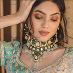 VeroniQ Trends-Elegant Bridal Gold Plated Polki Pachi Kundan Choker Necklace With Green Quartz Beads Polki Pachi Kundan-Gold Plated-Wedding Jewelry-Punjabi Jewelry-South Indian-Thappa Jewelry