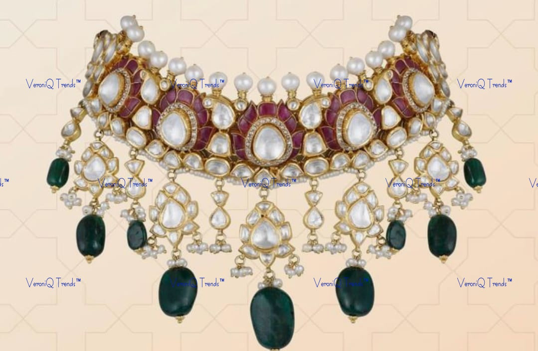 VeroniQ Trends-Traditional Ruby And Polki Choker Silver Necklace 92.5 Silver Moissanite Diamond Polki-Gold Plated-Wedding Jewellery-Punjabi Jewellery-South Indian-Thappa Jewellery
