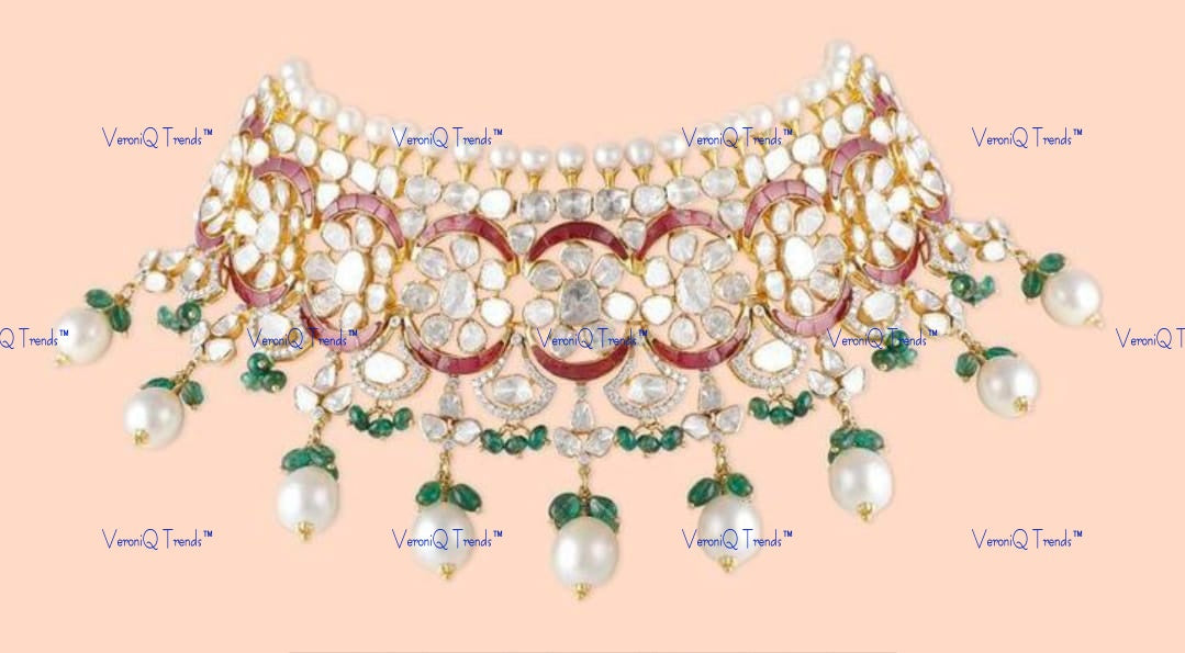 VeroniQ Trends-Traditional Gold Plated Pearl And Polki Silver Choker Necklace 92.5 Silver Moissanite Diamond Polki-Gold Plated-Wedding Jewellery-Punjabi Jewellery-South Indian-Thappa Jewellery