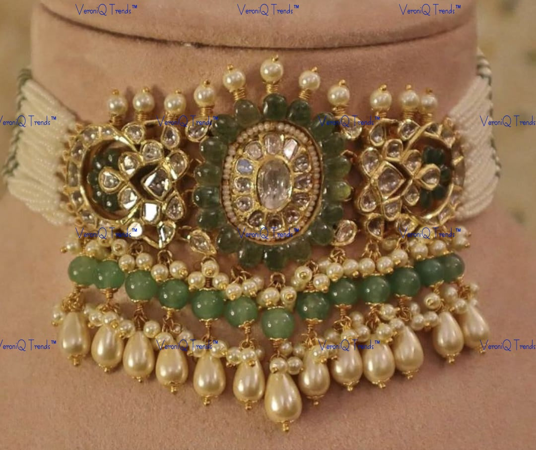 VeroniQ Trends-Traditional Multistrand Pearl And Kundan Choker Necklace Pachi Kundan-Gold Plated-Wedding Jewellery-Punjabi Jewellery-South Indian-Thappa Jewellery