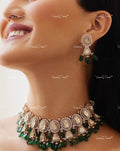 VeroniQ Trends-Elegant Victorian Polki Choker Necklace With Green Beads 92.5 Silver Moissanite Diamond Polki-Gold Plated-Wedding Jewellery-Punjabi Jewellery-South Indian-Thappa Jewellery