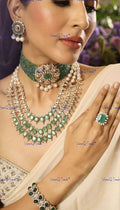 VeroniQ Trends-Victorian Multistrand Beryls Beads Emerald Choker And Multilayer Emerald Silver Moissanite Necklace 92.5 Silver Moissanite Diamond Polki-Emerald Stone Gold Plated-Wedding Jewellery-Punjabi Jewellery-South Indian-Thappa Jewellery