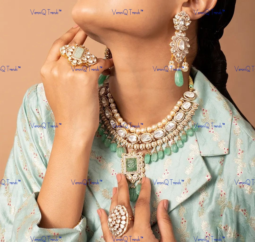 VeroniQ Trends-Elegant Victorian Emerald And Polki Choker Necklace With Green Beads 92.5 Silver Moissanite Diamond Polki-Gold Plated-Wedding Jewellery-Punjabi Jewellery-South Indian-Thappa Jewellery