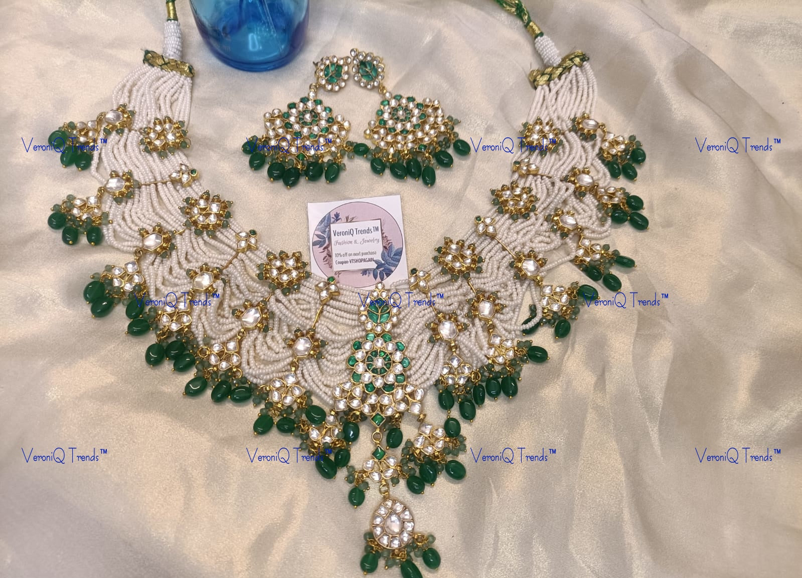 VeroniQ Trends-Traditional Gold Plated Multistarnd Pearl Beaded Kemp Stone Pachi Kundan Choker Necklace Pachi Kundan-Gold Plated-Wedding Jewellery-Punjabi Jewellery-South Indian-Thappa Jewellery