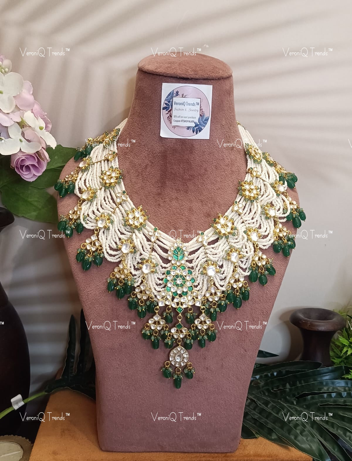 VeroniQ Trends-Traditional Gold Plated Multistarnd Pearl Beaded Kemp Stone Pachi Kundan Choker Necklace Pachi Kundan-Gold Plated-Wedding Jewellery-Punjabi Jewellery-South Indian-Thappa Jewellery