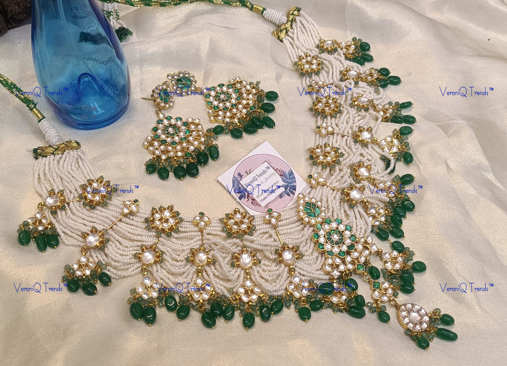 VeroniQ Trends-Traditional Gold Plated Multistarnd Pearl Beaded Kemp Stone Pachi Kundan Choker Necklace Pachi Kundan-Gold Plated-Wedding Jewellery-Punjabi Jewellery-South Indian-Thappa Jewellery