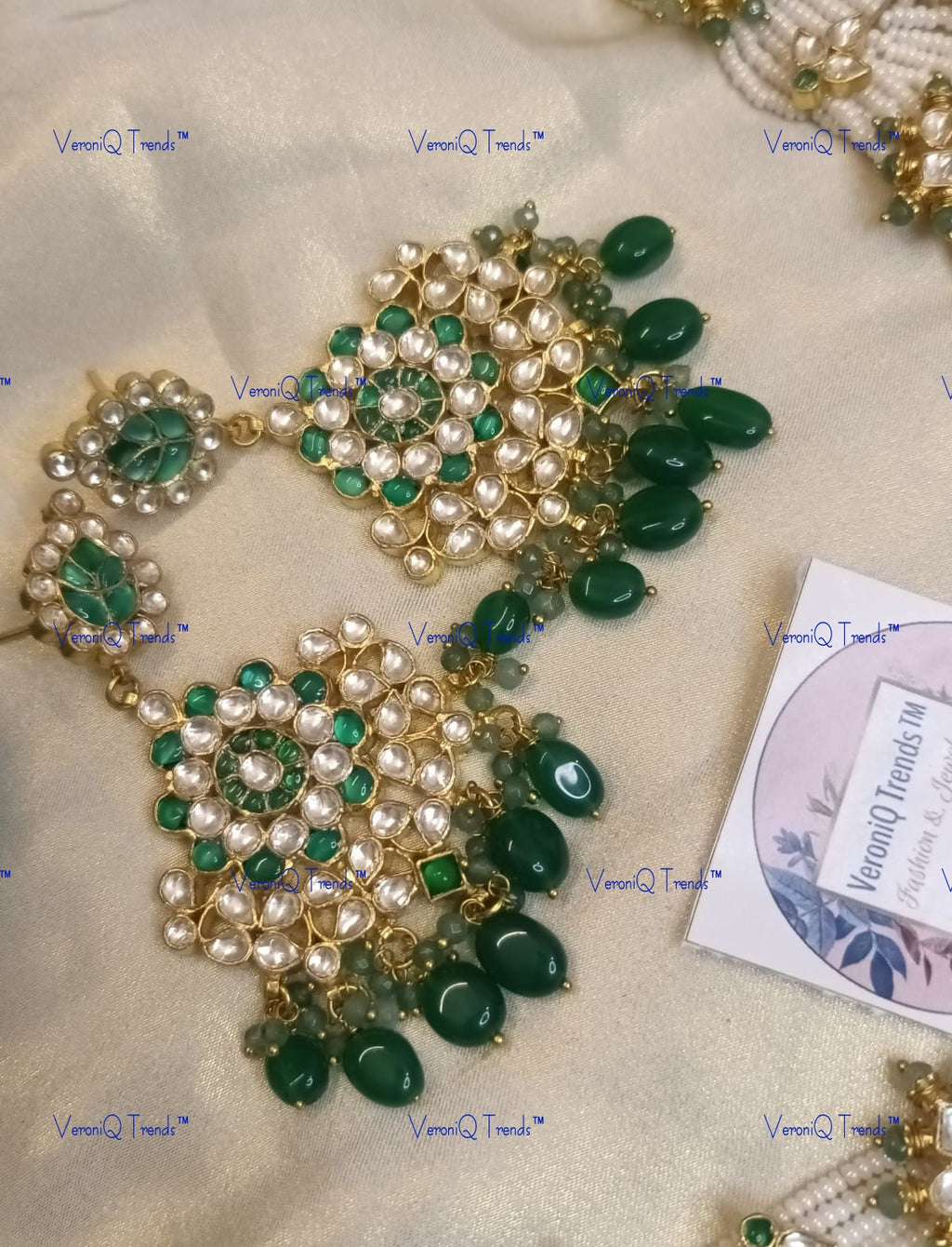 VeroniQ Trends-Traditional Gold Plated Multistarnd Pearl Beaded Kemp Stone Pachi Kundan Choker Necklace Pachi Kundan-Gold Plated-Wedding Jewellery-Punjabi Jewellery-South Indian-Thappa Jewellery