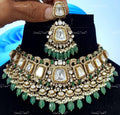 VeroniQ Trends-Victorian Uncut Polki And Green Beads Silver Moissanite Polki Choker Necklace Set 92.5 Silver Moissanite Diamond Polki-Gold Plated-Wedding Jewellery-Punjabi Jewellery-South Indian-Thappa Jewellery