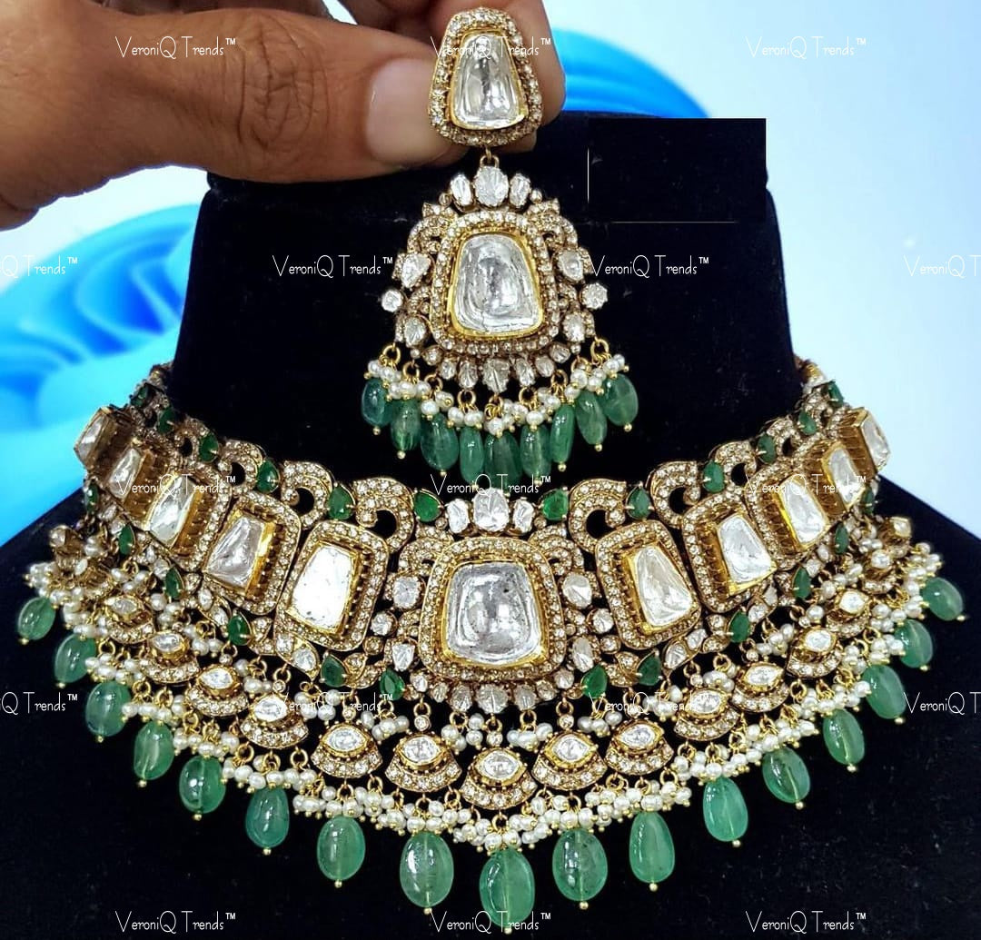 VeroniQ Trends-Victorian Uncut Polki And Green Beads Silver Moissanite Polki Choker Necklace Set 92.5 Silver Moissanite Diamond Polki-Gold Plated-Wedding Jewellery-Punjabi Jewellery-South Indian-Thappa Jewellery