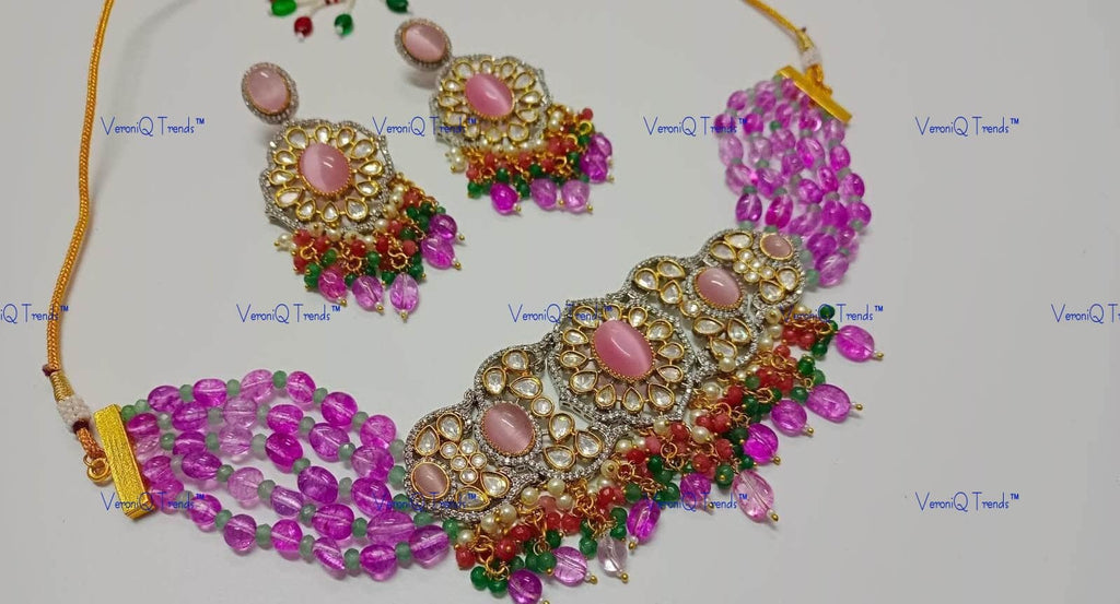 VeroniQ Trends-Beautiful Victorian Party Wear Fluorite Beads Kundan Choker Necklace Kundan-Gold Plated-Wedding Jewellery-Punjabi Jewellery-South Indian-Thappa Jewellery