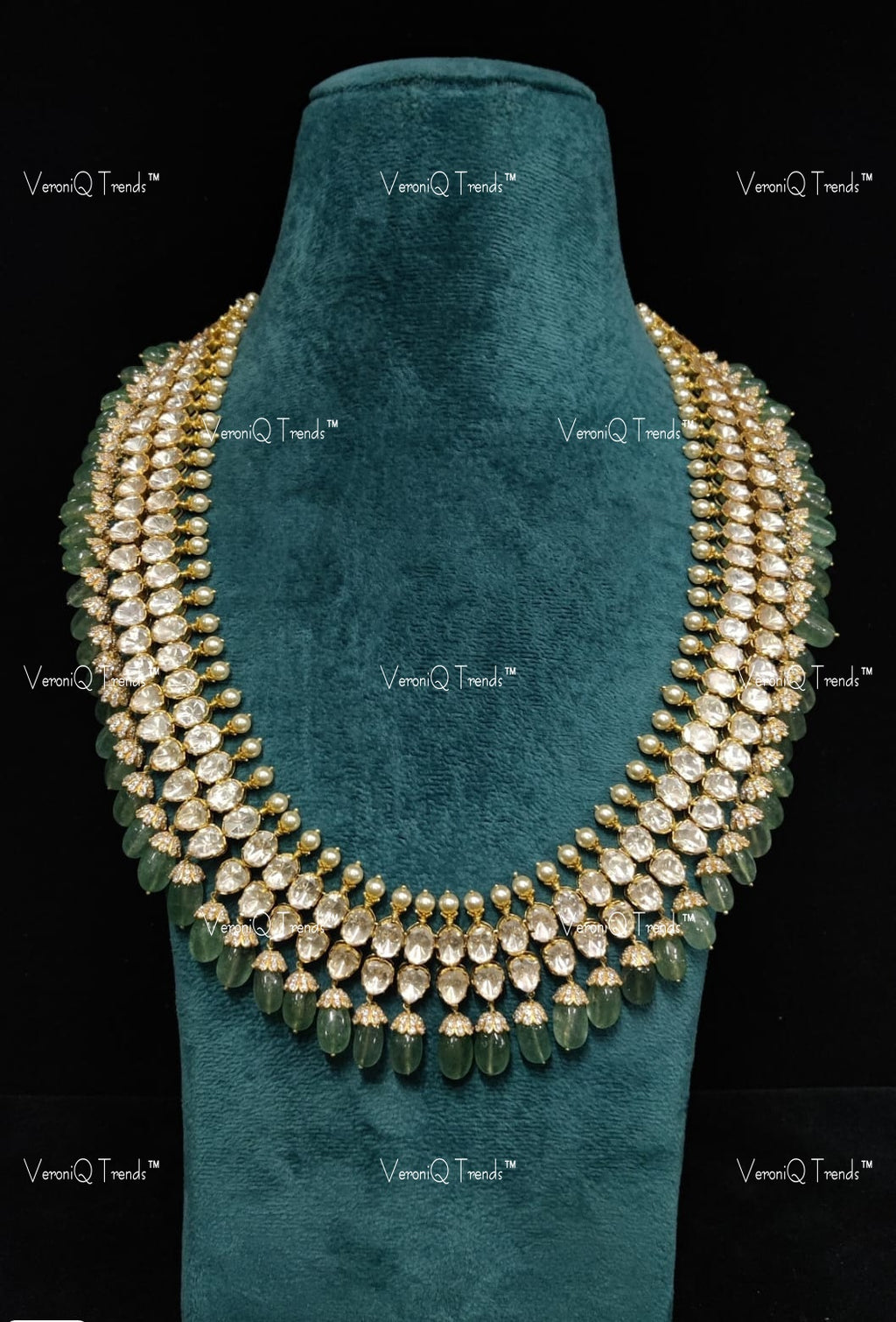 VeroniQ Trends-Victorian Bridal Silver Moissanite Polki Long Necklace With Green Beads 92.5 Silver Mossianite Diamond Polki-Gold Plated-Wedding Jewellery-Punjabi Jewellery-South Indian-Thappa Jewellery