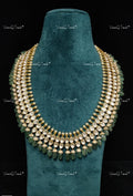 VeroniQ Trends-Victorian Bridal Silver Moissanite Polki Long Necklace With Green Beads 92.5 Silver Mossianite Diamond Polki-Gold Plated-Wedding Jewellery-Punjabi Jewellery-South Indian-Thappa Jewellery