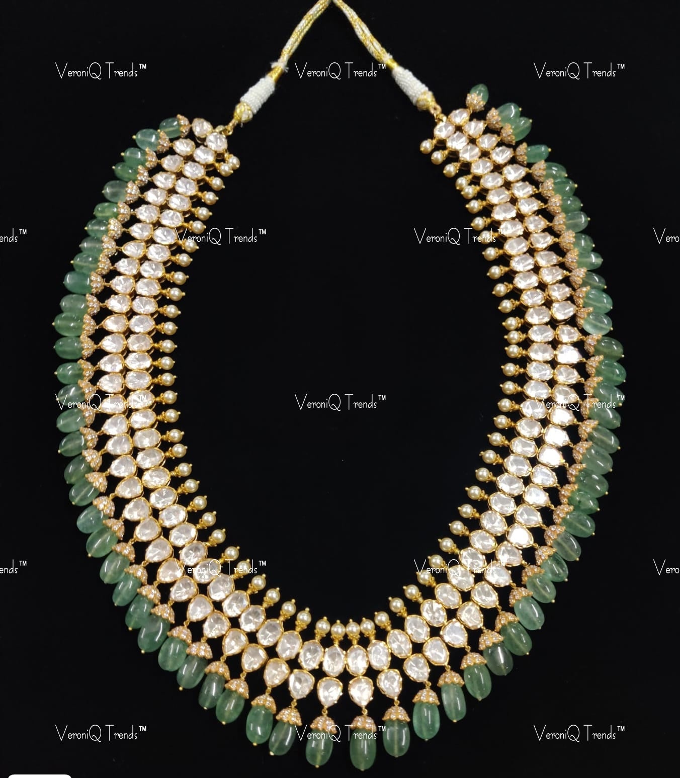 VeroniQ Trends-Victorian Bridal Silver Moissanite Polki Long Necklace With Green Beads 92.5 Silver Mossianite Diamond Polki-Gold Plated-Wedding Jewellery-Punjabi Jewellery-South Indian-Thappa Jewellery