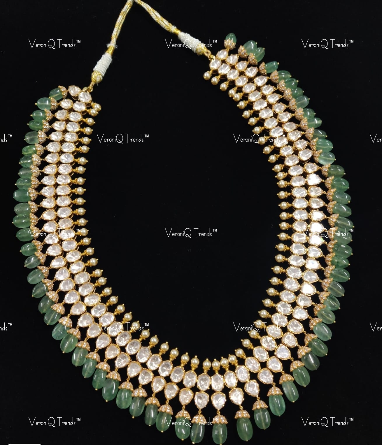 VeroniQ Trends-Victorian Bridal Silver Moissanite Polki Long Necklace With Green Beads 92.5 Silver Mossianite Diamond Polki-Gold Plated-Wedding Jewellery-Punjabi Jewellery-South Indian-Thappa Jewellery