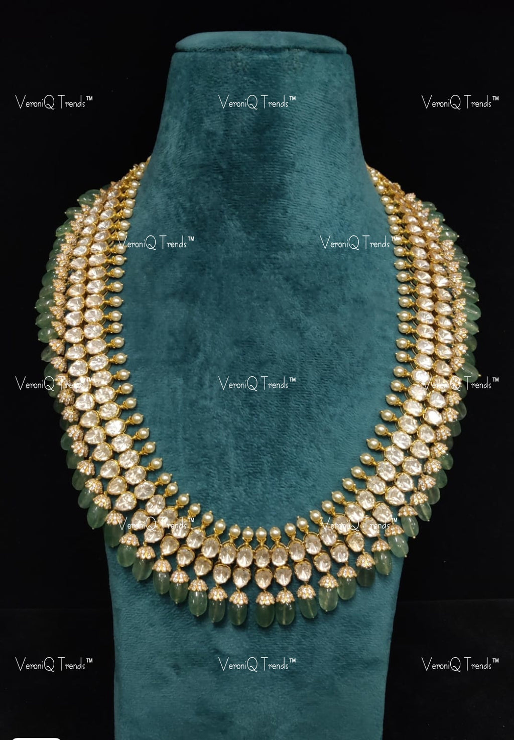 VeroniQ Trends-Victorian Bridal Silver Moissanite Polki Long Necklace With Green Beads 92.5 Silver Mossianite Diamond Polki-Gold Plated-Wedding Jewellery-Punjabi Jewellery-South Indian-Thappa Jewellery