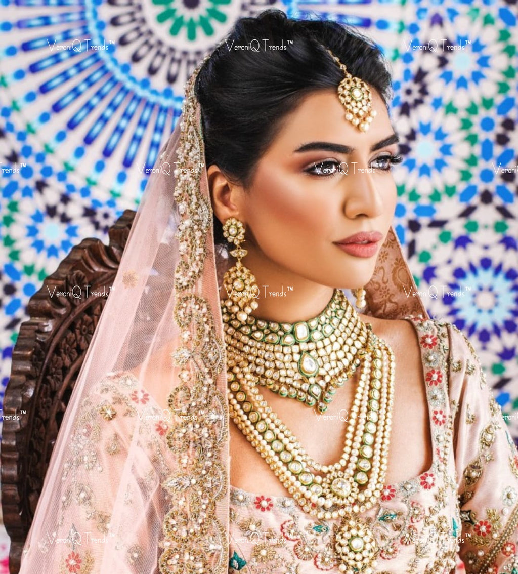 VeroniQ Trends-Bridal Gold Plated Green Carved Kundan Choker And Long Necklace With Earrings And Maang Tika Kundan-Gold Plated-Wedding Jewellery-Punjabi Jewellery-South Indian-Thappa Jewellery