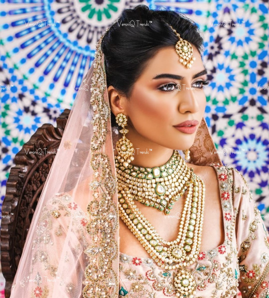 VeroniQ Trends-Bridal Gold Plated Green Carved Kundan Choker And Long Necklace With Earrings And Maang Tika Kundan-Gold Plated-Wedding Jewellery-Punjabi Jewellery-South Indian-Thappa Jewellery