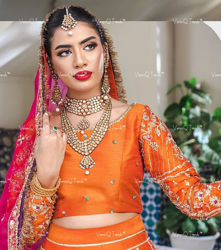 VeroniQ Trends-Punjabi Bridal Gold Plated Red Carved Kundan Choker And Long Necklace With Earrings And Maang Tika Kundan-Gold Plated-Wedding Jewellery-Punjabi Jewellery-South Indian-Thappa Jewellery