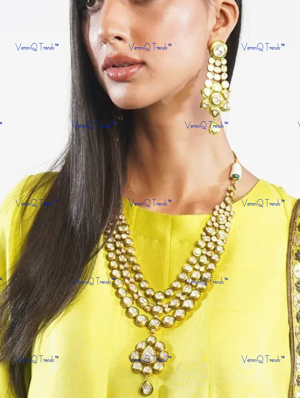 VeroniQ Trends-Elegant Gold Plated Multi-Line Kundan Long Necklace With Earrings Kundan-Gold Plated-Wedding Jewellery-Punjabi Jewellery-South Indian-Thappa Jewellery