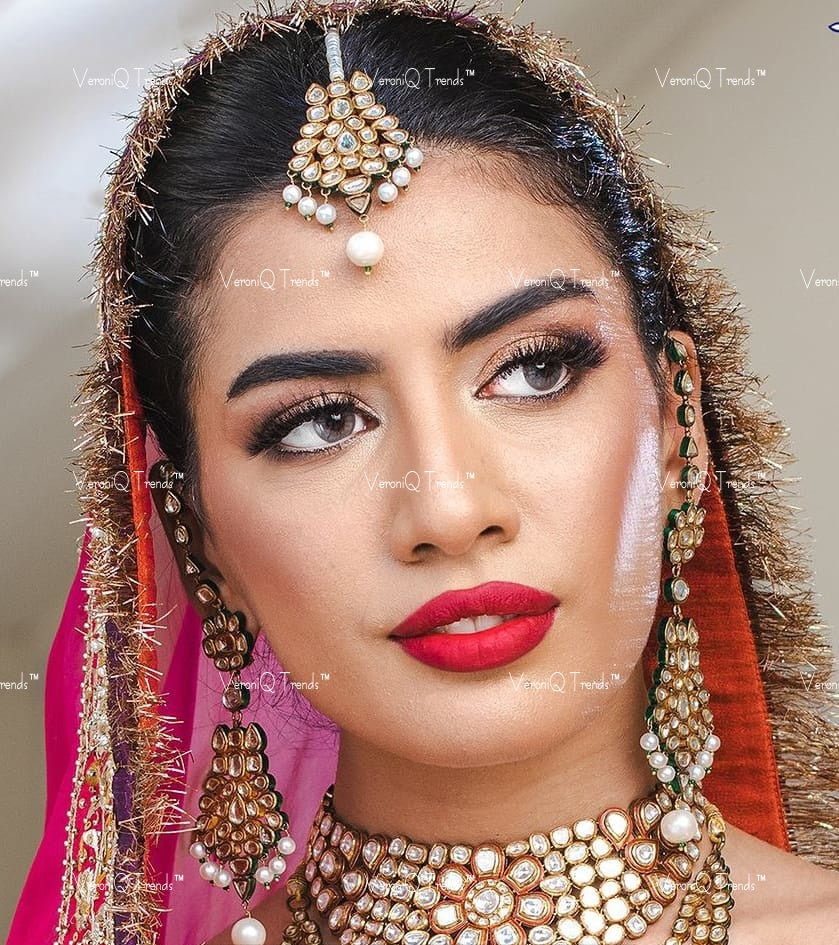 VeroniQ Trends-Punjabi Bridal Gold Plated Red Carved Kundan Choker And Long Necklace With Earrings And Maang Tika Kundan-Gold Plated-Wedding Jewellery-Punjabi Jewellery-South Indian-Thappa Jewellery