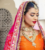 VeroniQ Trends-Punjabi Bridal Gold Plated Red Carved Kundan Choker And Long Necklace With Earrings And Maang Tika Kundan-Gold Plated-Wedding Jewelry-Punjabi Jewelry-South Indian-Thappa Jewelry