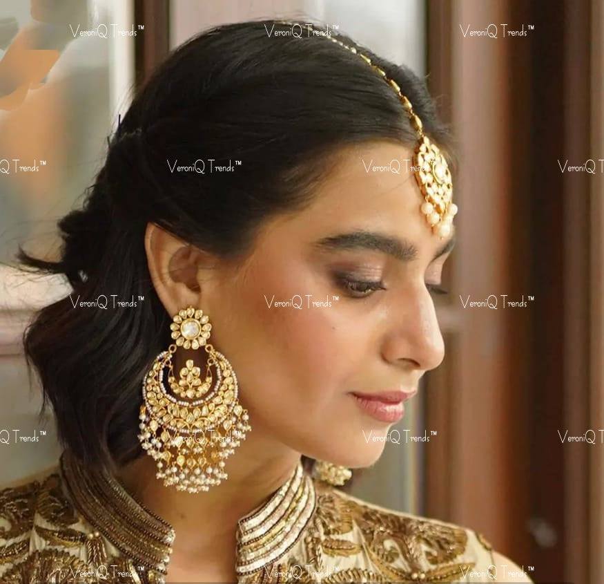 VeroniQ Trends-Gold Plated Kundan Chandbali Earrings And Maang Tika Set Pachi Kundan-Gold Plated-Wedding Jewellery-Punjabi Jewellery-South Indian-Thappa Jewellery