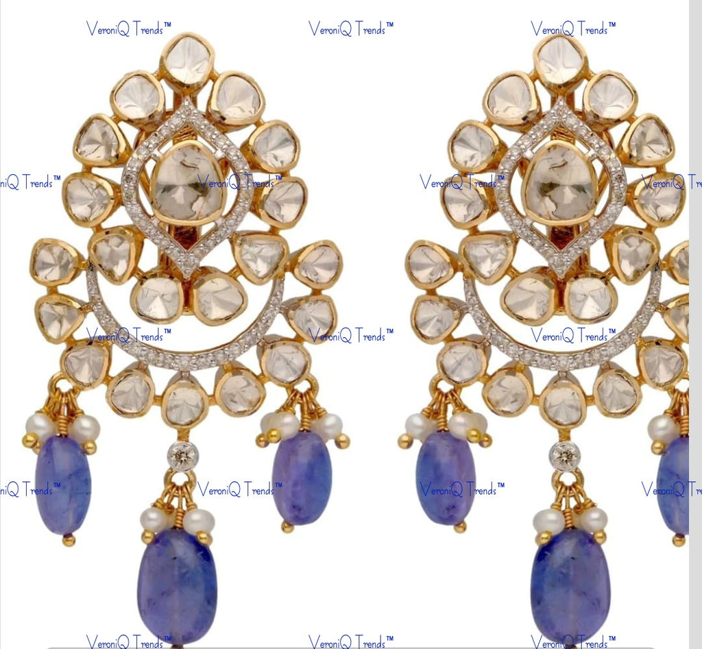 VeroniQ Trends-Floral Victorian Multistrand Beryl Beads Saphhire And Polki Silver Choker Necklace 92.5 Silver Moissanite Diamond Polki-Sapphire Stone-Gold Plated-Wedding Jewellery-Punjabi Jewellery-South Indian-Thappa Jewellery
