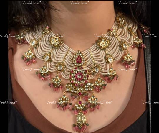 VeroniQ Trends-Traditional Gold Plated Multistarnd Pearl Beaded Kemp Stone Pachi Kundan Choker Necklace Pachi Kundan-Gold Plated-Wedding Jewellery-Punjabi Jewellery-South Indian-Thappa Jewellery