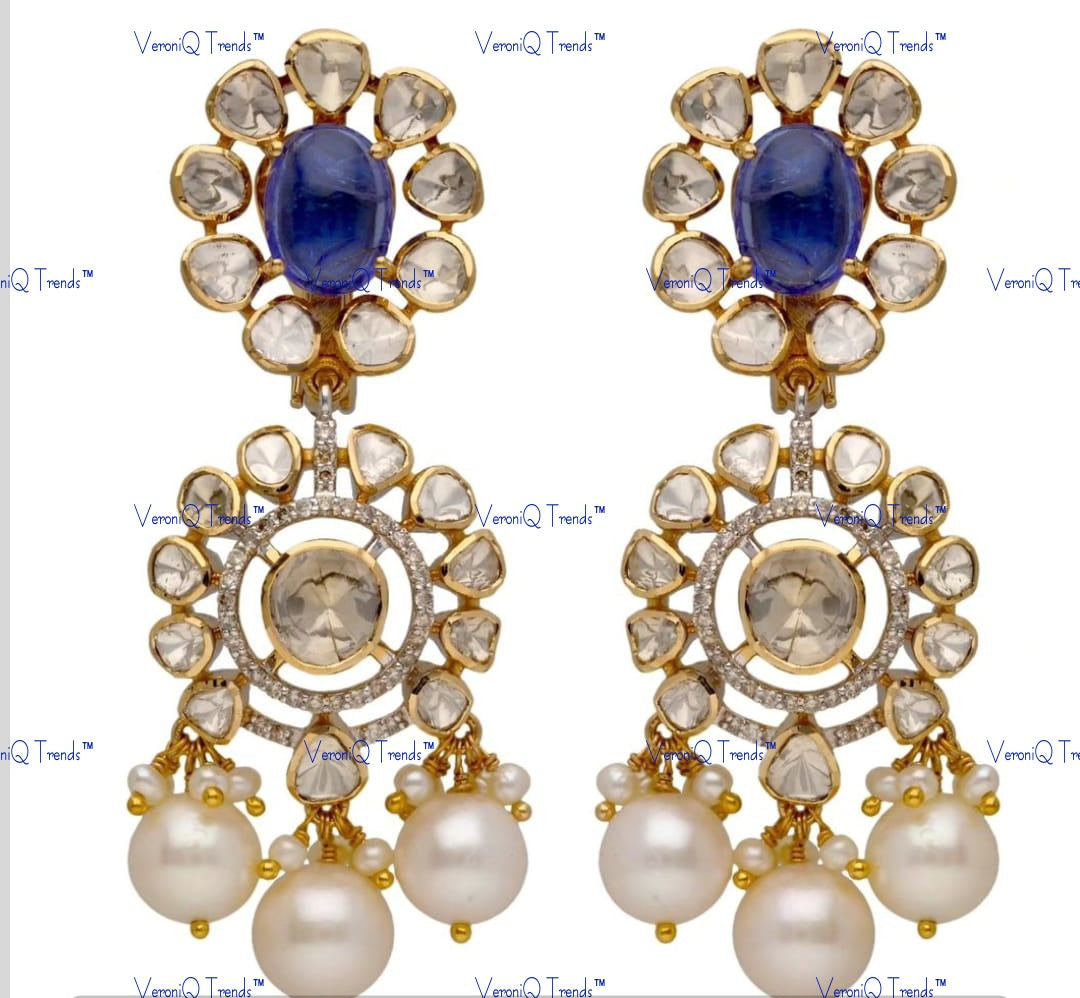 VeroniQ Trends-Victorian Multistrand Pearl Saphhire And Polki Silver Choker Necklace 92.5 Silver Moissanite Diamond Polki-Sapphire Stone-Fresh Water Pearl-Gold Plated-Wedding Jewellery-Punjabi Jewellery-South Indian-Thappa Jewellery