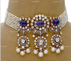 VeroniQ Trends-Victorian Multistrand Pearl Saphhire And Polki Silver Choker Necklace 92.5 Silver Moissanite Diamond Polki-Sapphire Stone-Fresh Water Pearl-Gold Plated-Wedding Jewelry-Punjabi Jewelry-South Indian-Thappa Jewelry