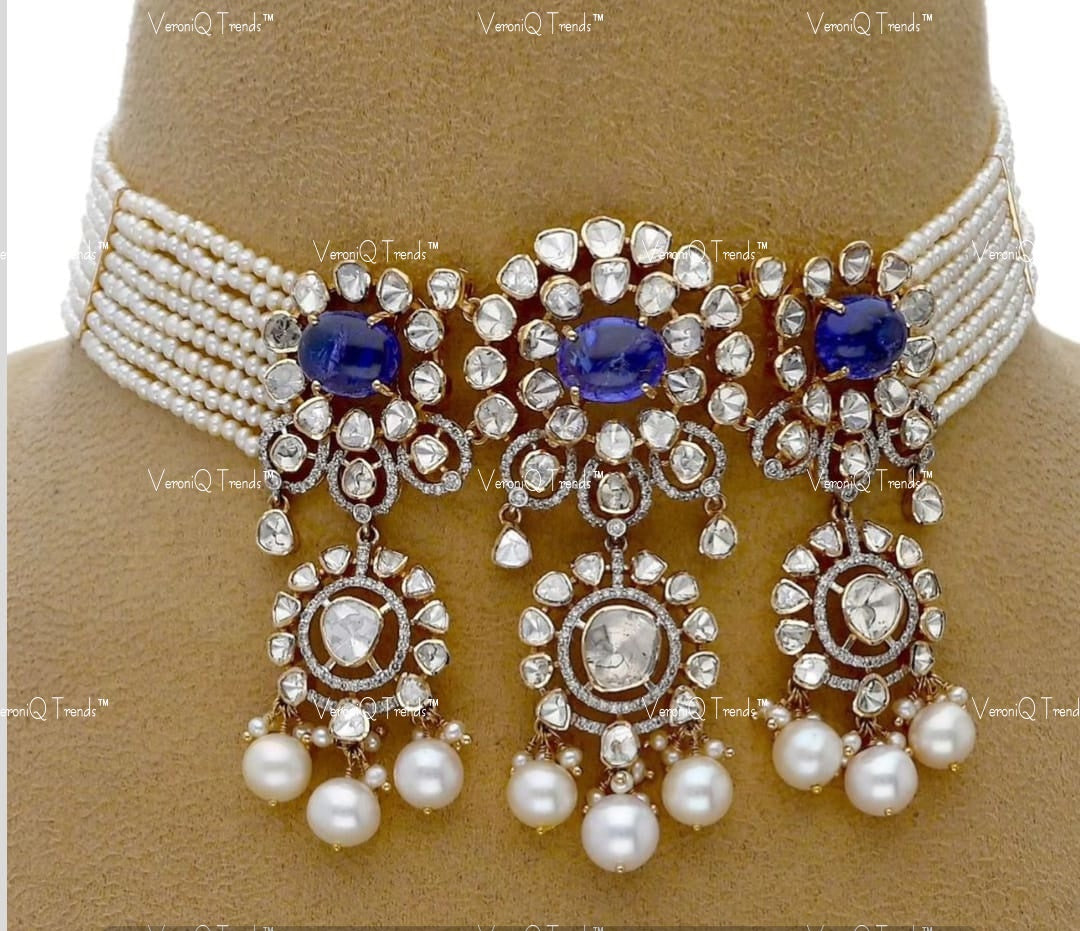 VeroniQ Trends-Victorian Multistrand Pearl Saphhire And Polki Silver Choker Necklace 92.5 Silver Moissanite Diamond Polki-Sapphire Stone-Fresh Water Pearl-Gold Plated-Wedding Jewellery-Punjabi Jewellery-South Indian-Thappa Jewellery