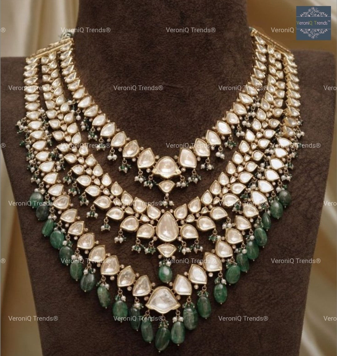 VeroniQ Trends-Temple Design Multiline Polki Pachi Kundan Choker Necklace With Green Beads Pachi Kundan-Gold Plated-Wedding Jewellery-Punjabi Jewellery-South Indian-Thappa Jewellery