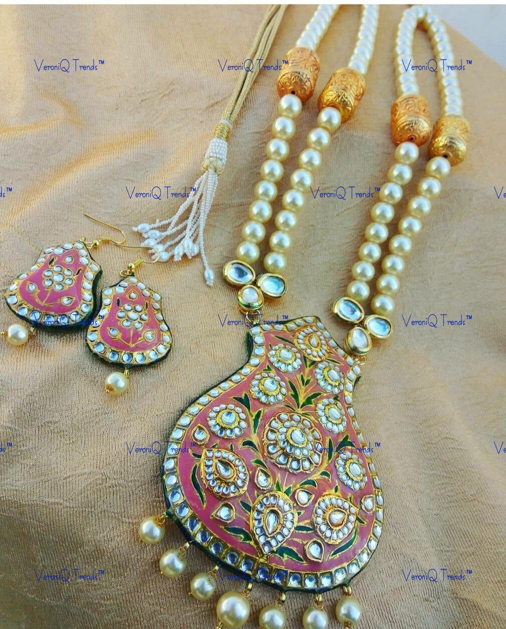 VeroniQ Trends-Elegant Layered Gold Plated Meenakari Kundan Long Necklace With Pearl Kundan-Gold Plated-Wedding Jewellery-Punjabi Jewellery-South Indian-Thappa Jewellery
